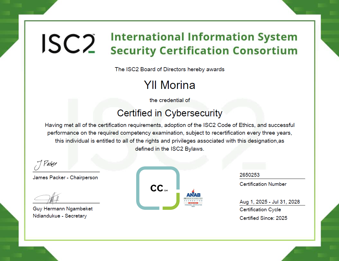 Certified in Cybersecurity (CC) certificate