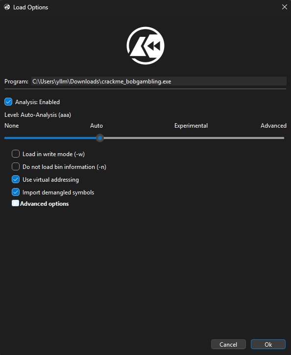 Cutter load options: crackme_bobgambling.exe loaded with auto-analysis enabled