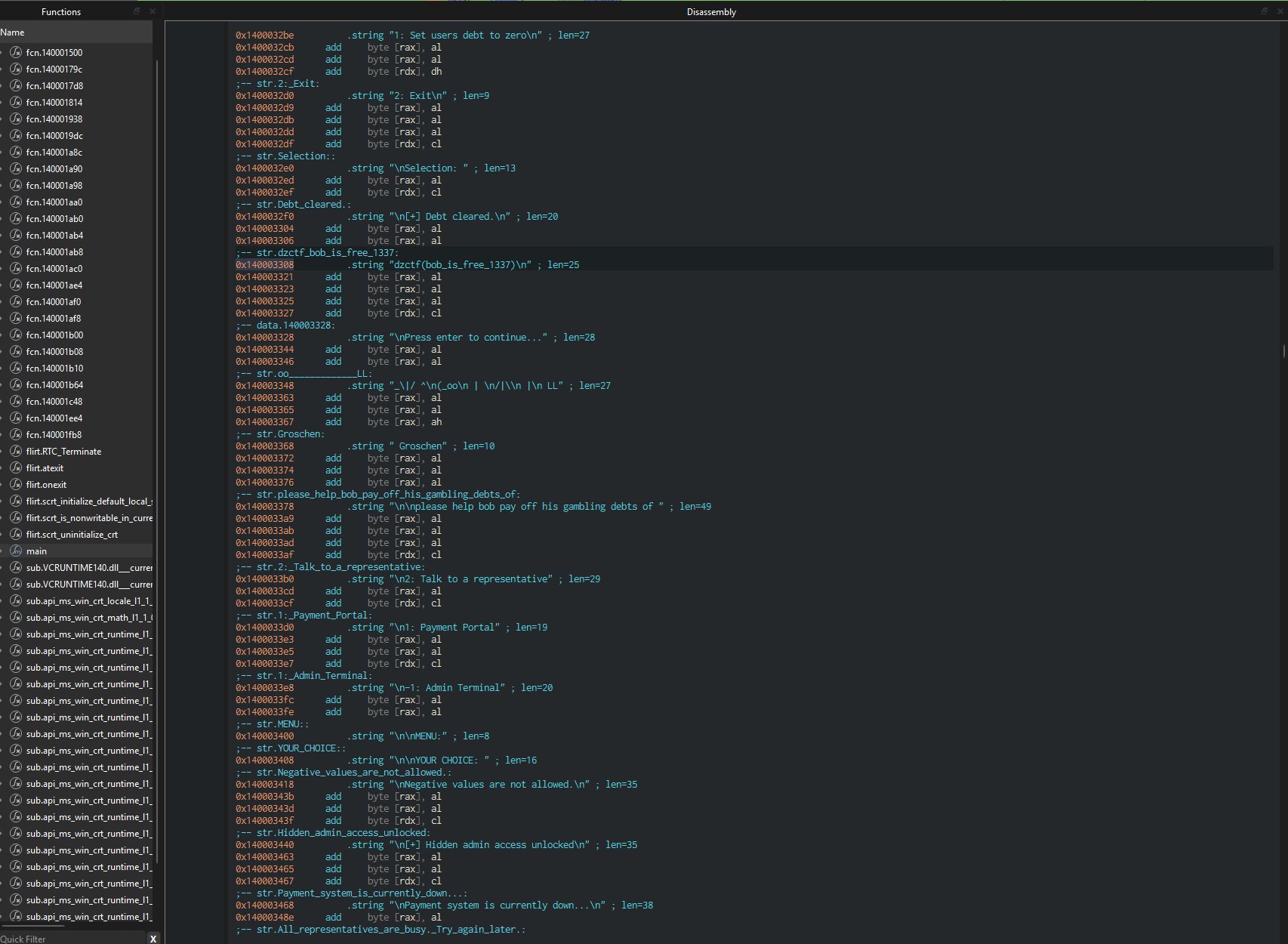 Cutter disassembly view showing hardcoded strings including the flag