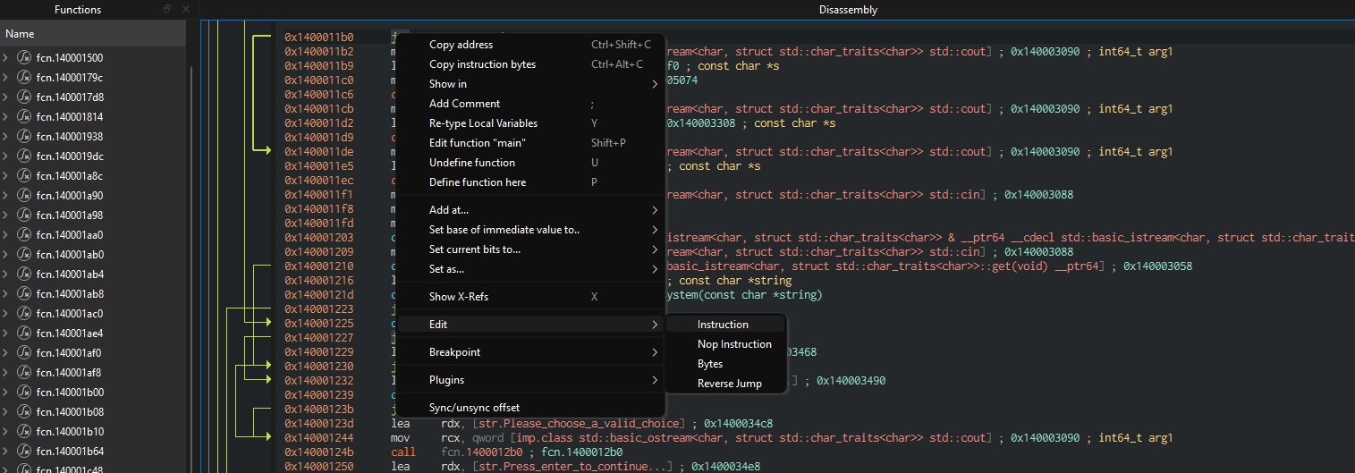Cutter right-click menu showing Edit → Nop Instruction option for patching