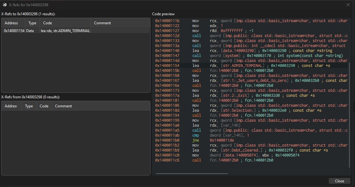X-Refs for ADMIN TERMINAL string: leads to the hidden admin access code path