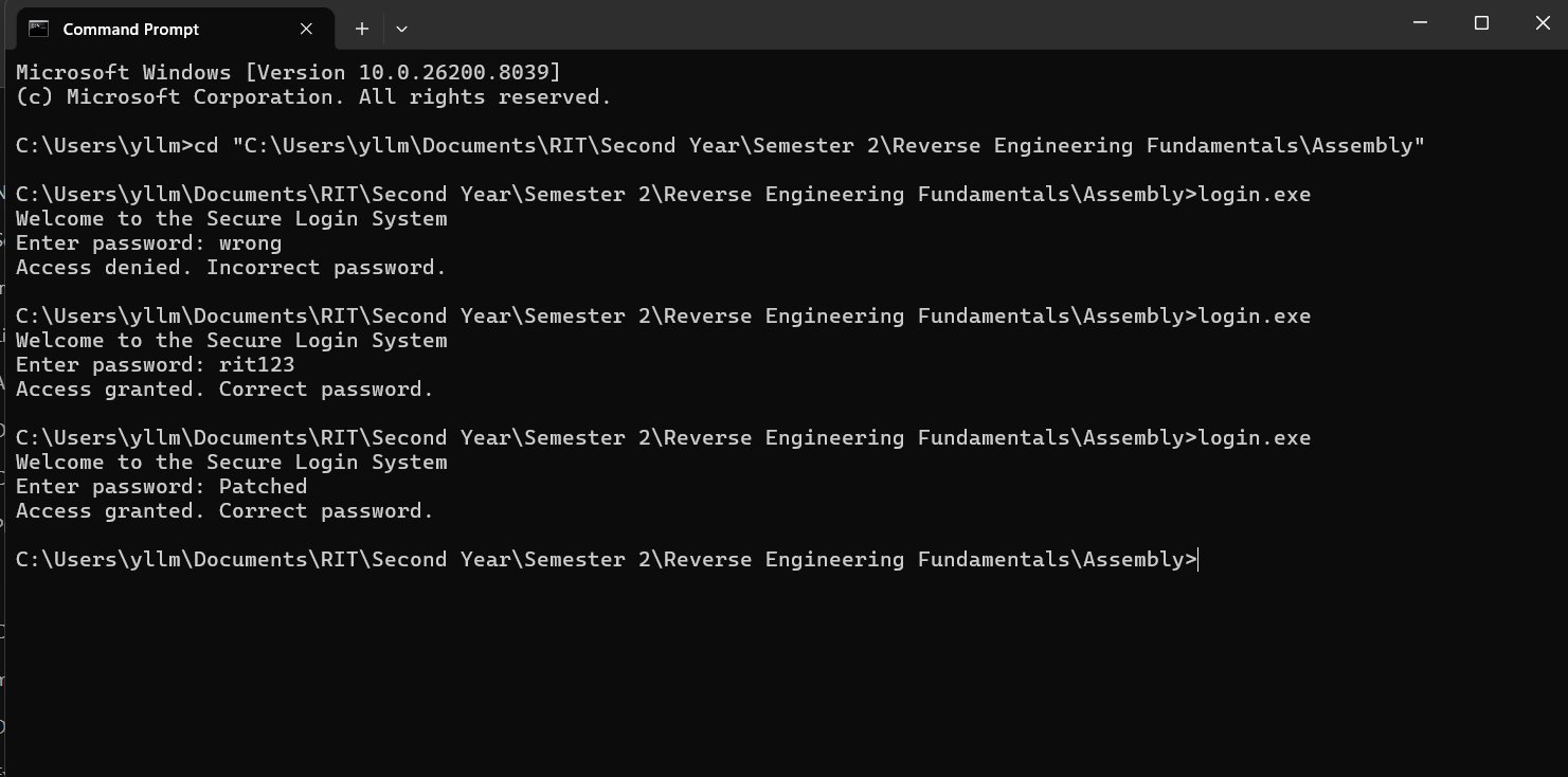 Command prompt output wrong input, rit123, and "Patched" all result in "Access granted. Correct password."