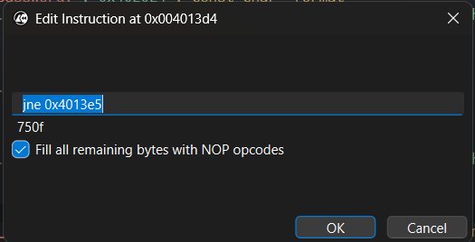 Cutter edit instruction dialog jne 0x4013e5 at 0x004013d4 with "Fill remaining bytes with NOP opcodes" checked