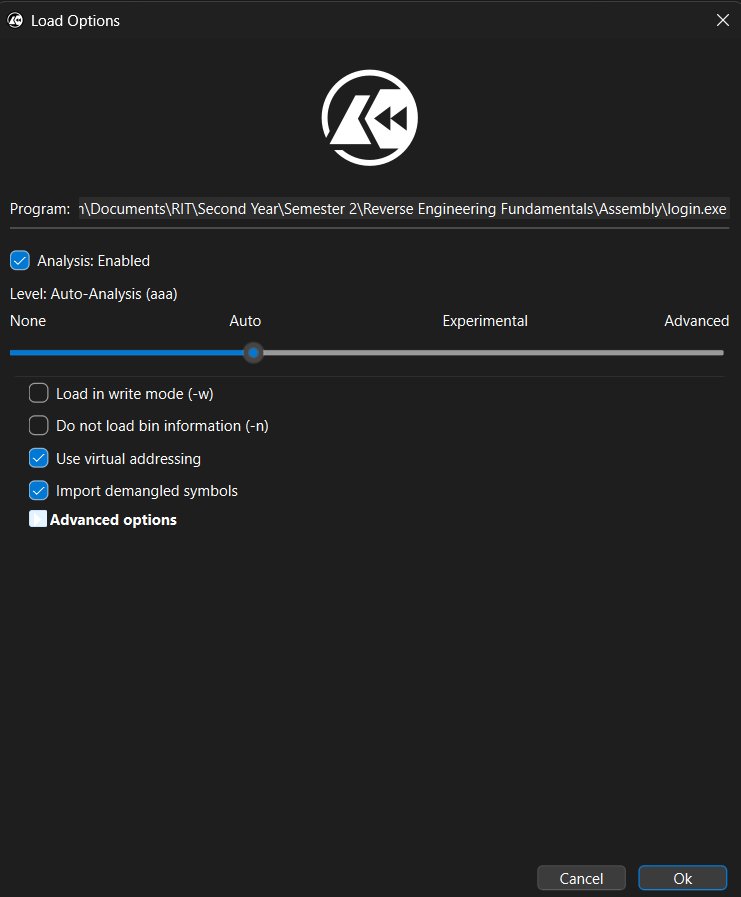 Cutter load options login.exe loaded with auto-analysis enabled