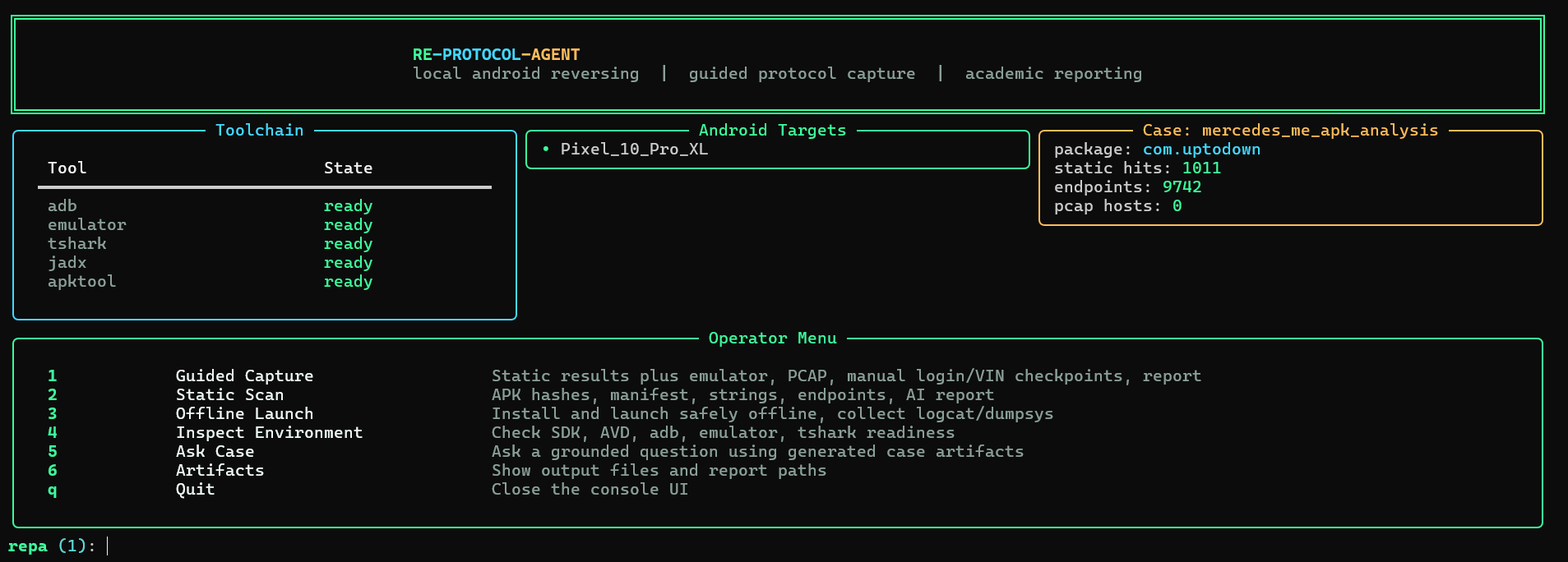 RE-Protocol-Agent CLI main menu