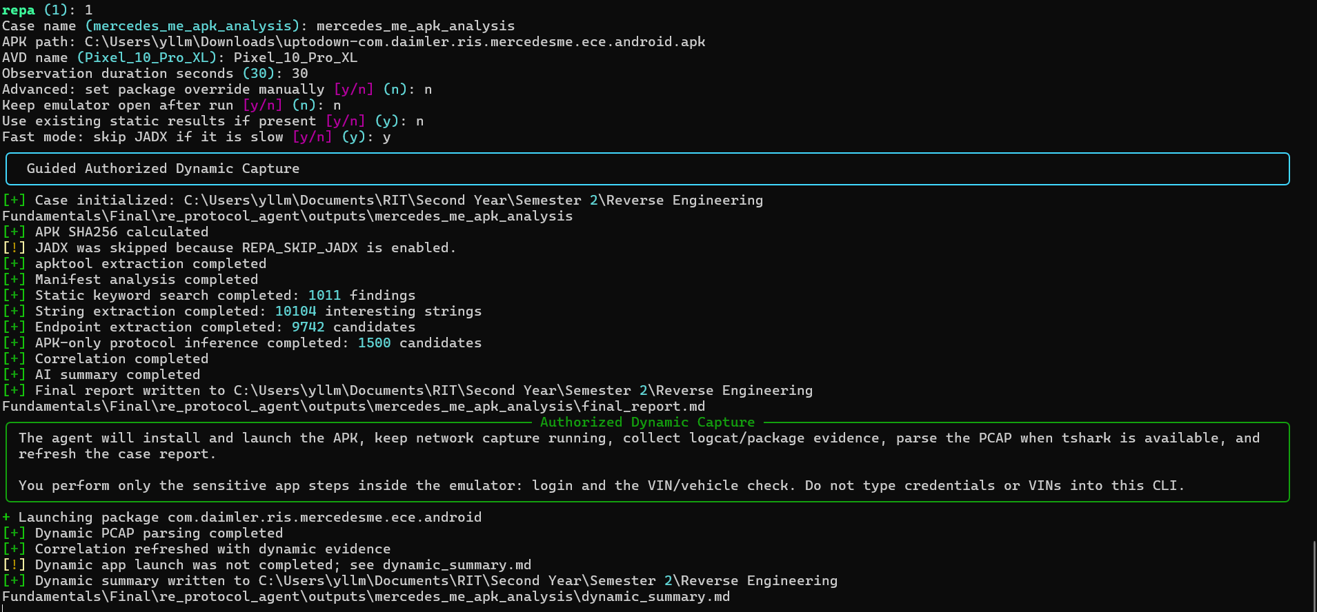 CLI output showing a completed or partially completed analysis run