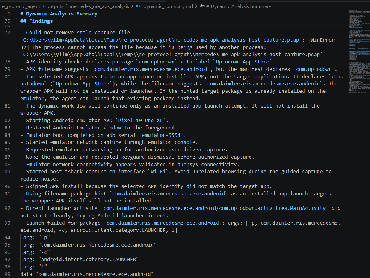 dynamic_summary.md showing launch status and package identity information
